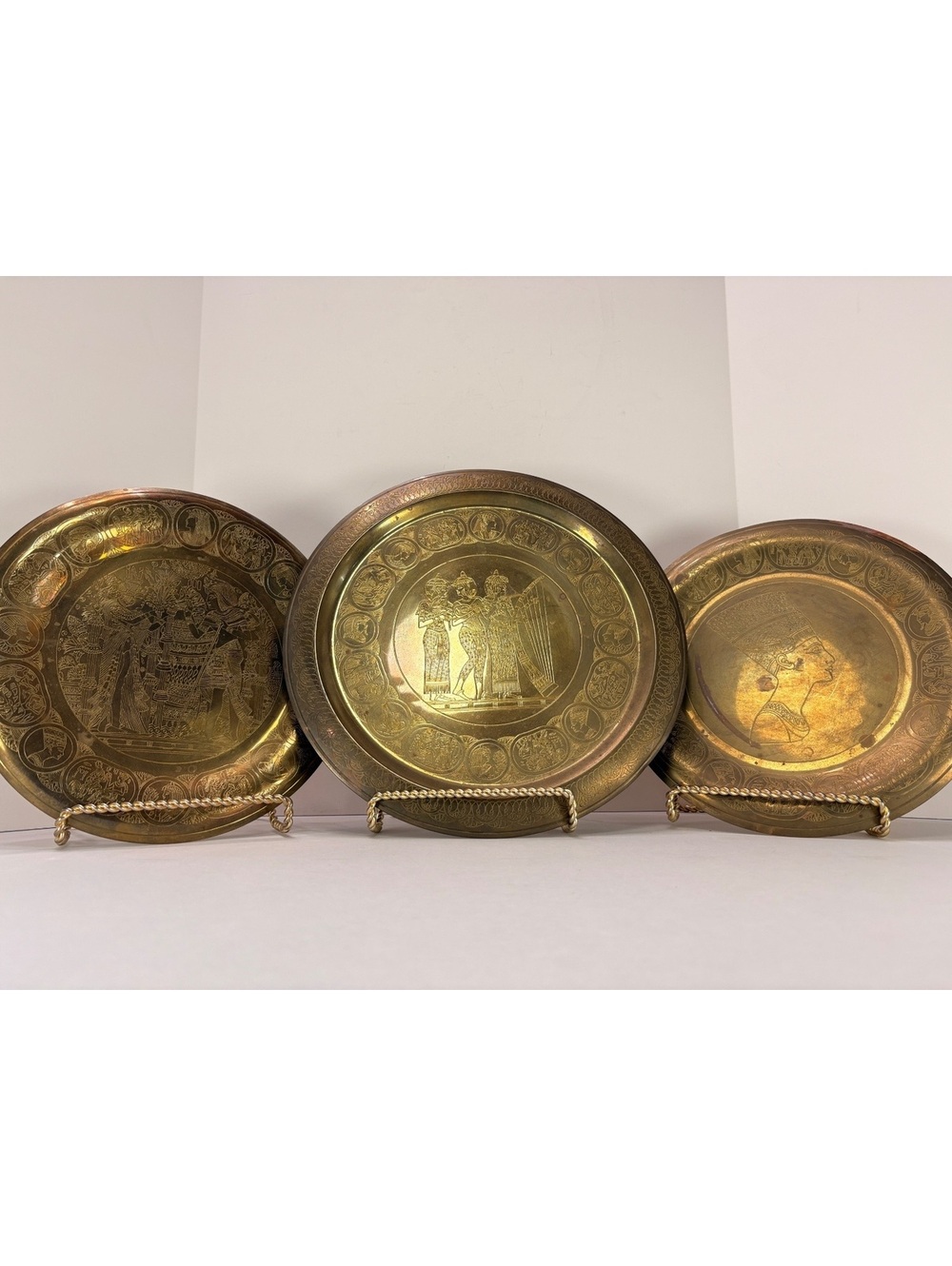 Vintage Brass Egyptian Revival Wall Plates, Set of 3, Etched Hieroglyphic Style